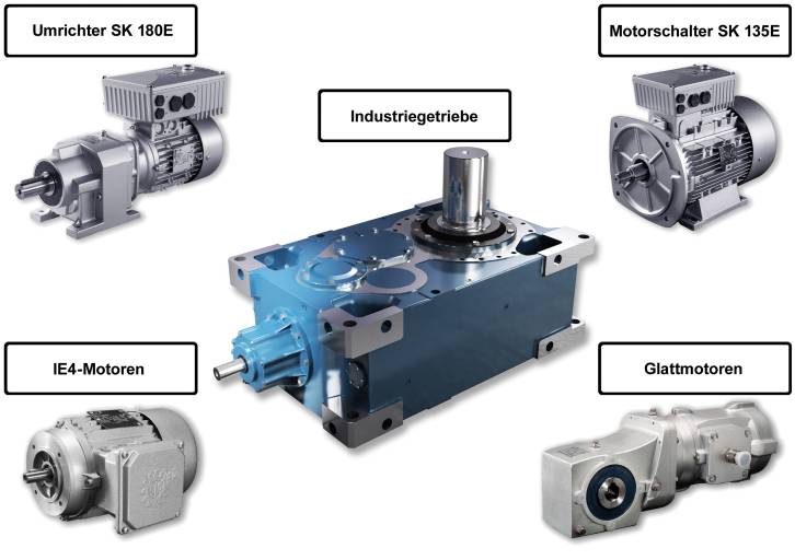 NORD stellt neue dezentrale Umrichter und Motorschalter zur Montage direkt auf dem Getriebemotor vor (oben), zeigt neue IE4-Motoren und Glattmotoren (unten) sowie das weiter ausgebaute Programm der flexibel konfigurierbaren Industriegetriebe (Mitte).