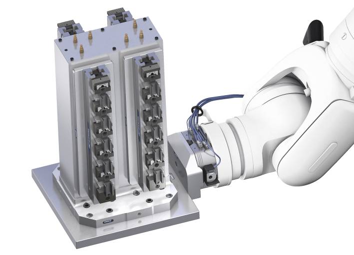 Kraftpaket: Die Schunk Roboterkupplung VERO-S NSR maxi 220 ist für die Handhabung schwerer Paletten bis 1.000 kg ausgelegt.
