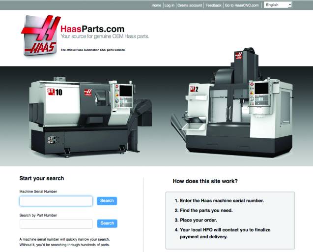Bildschirmmenü der neuen Website HaasParts.com für Originalersatzteile von Haas.