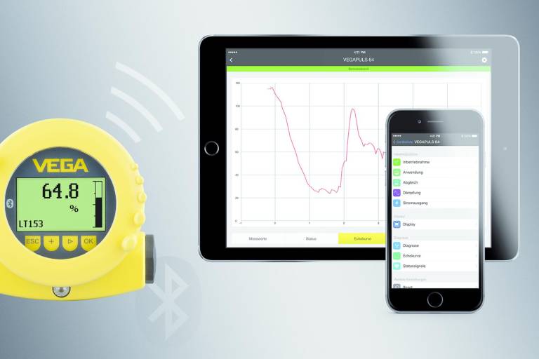 Das Anzeige- und Bedienmodul Plixcom mit Bluetooth ermöglicht die drahtlose Inbetriebnahme, Messwertanzeige und Sensordiagnose.