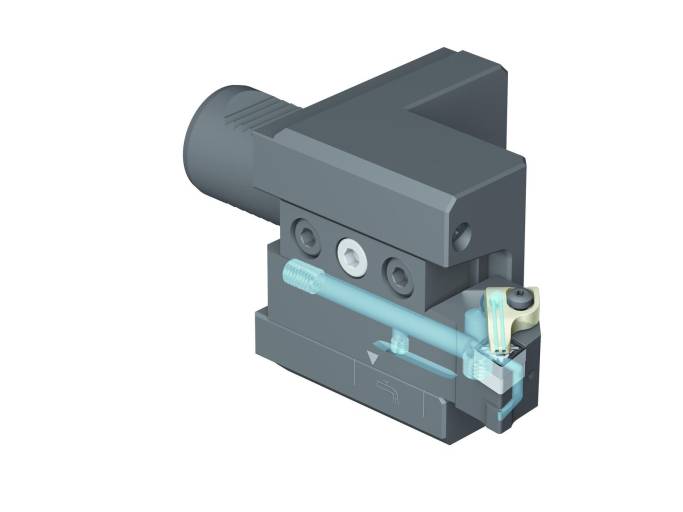 Die VDI-Aufnahmen A2120-P/A2121-P für präzisionsgekühlte Schaftwerkzeuge übergeben das Kühlschmiermittel direkt. Ein Langloch erlaubt die Verstellung der Werkzeuge, der Verstellbereich ist ablesbar. Eine Kühlmitteldüse für die optionale Außenkühlung ist ebenfalls vorhanden.