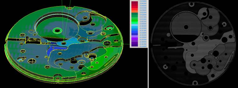 Farbcodierte Abweichungsdarstellung der mit dem Chromatic Focus Line Sensor gemessenen Punktewolke im Vergleich zum CAD-Modell (links) und Rasterbild der Uhrenplatine (rechts) (© Nomos/Werth).