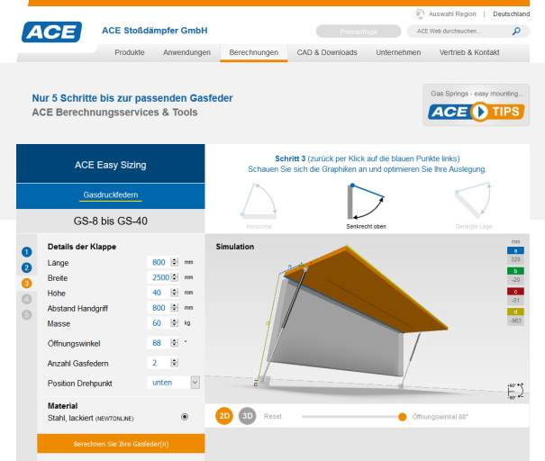 Neues Online-Berechnungsprogramm für Gasfedern der ACE Stoßdämpfer GmbH mit komplett grafischer Nutzeroberfläche sowie wahlweise 2D- und 3D-Ansichten.
