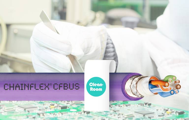 Zertifiziert und getestet: Die neuen chainflex Leitungen CFBUS.LB.045 (CAT5e) und CFBUS.LB.049 (CAT6) mit Reinraumzulassung halten über 24 Millionen Hüben stand. (Bild: Igus GmbH)