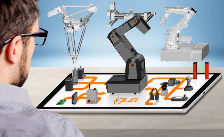 Mit der Online-Plattform RBTX.com lassen sich individuell passende Automatisierungslösungen schnell finden, konfigurieren und bauen. Als Robotik-Grundgerüst dient u. a. der robolink DP Gelenkarm aus Kunststoff. 