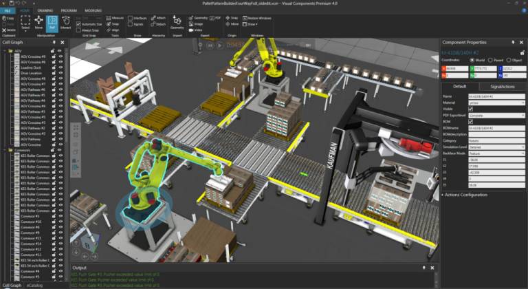 Visual Components ist eine 3D-Fabriksimulationssoftware für die Fertigung, mit der auch kleinere und mittlere Unternehmen dreidimensionale Fabrik- und Produktionspläne erstellen und den Durchsatz ihrer Fertigungsanlagen am Computer simulieren können.