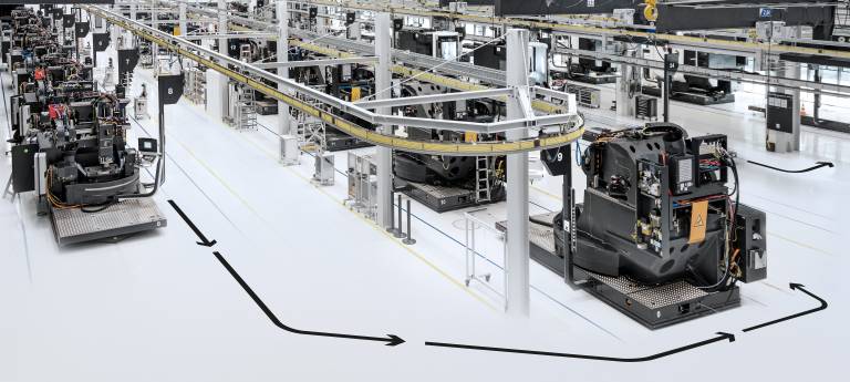 Digital und automatisiert: Die Fließmontage in der neuen monoBLOCK Excellence Factory bei DECKEL MAHO Pfronten mit 34 AGVs steigert die Produktivität um 30 %.