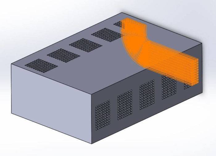 CAD-Ansicht eines Bauteils mit gekrümmten Vias, die leitende Verbindungen zwischen Halbleiterschichten in integrierten Schaltungen ermöglichen. (Bild: BMF Precision Inc.)