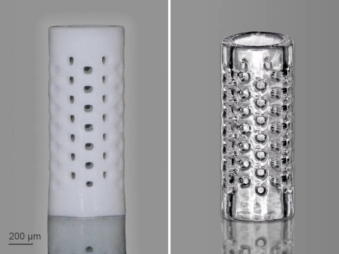 Grünling einer 3D-gedruckten Filterröhre (links) und der entsprechenden Filterröhre nach dem Sintervorgang (rechts). Mikrostrukturen aus Glas sind sterilisierbar und biokompatibel, sodass sich der Fotolack GP-Silica optimal für Anwendungen im Bereich Life Science eignet.