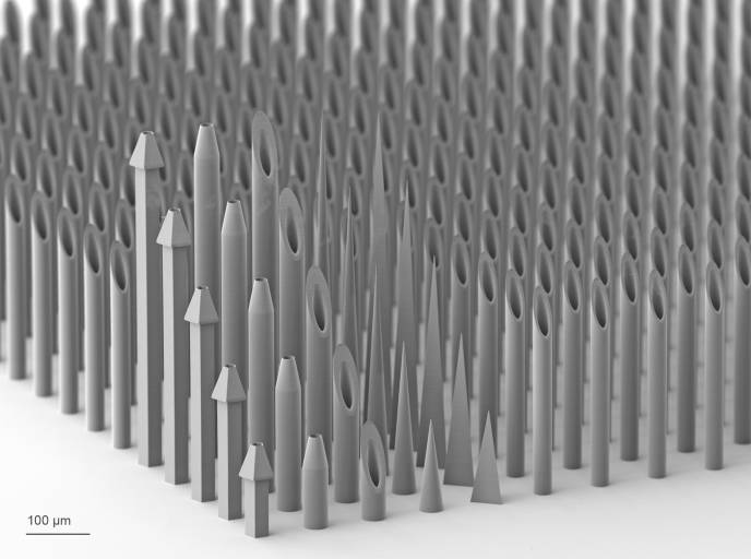 3D-gedruckte Mikronadeln demonstrieren die Möglichkeiten der 3D-Mikrofabrikationstechnologie von Nanoscribe. Quantum X shape ermöglicht den 3D-Druck von individuellen Strukturen mit hohen Aspektverhältnissen, höchster Formgenauigkeit und scharfen Spitzen und das gepaart mit ganz einfach realisierbaren Designvariationen.