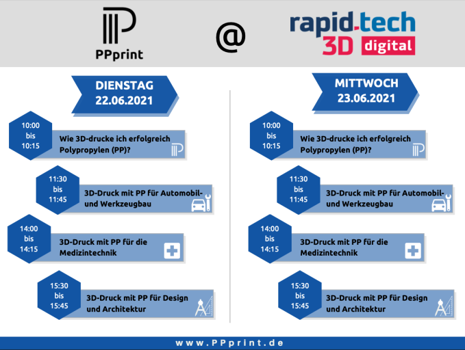 Neben der Möglichkeit das PPprint Produktportfolio am Rapid.Tech 3D Messestand zu begutachten, bietet PPprint ein ausführliches Kurzvortragsprogramm für alle Interessierten am 3D-Druck mit PP an.