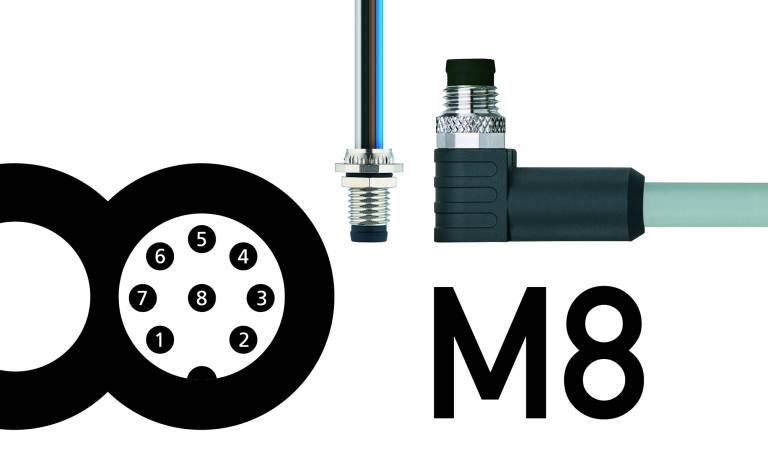 M8-Anschlusstechnik mit acht Pins bietet eine hohe Signaldichte für miniaturisierte Sensorik.
