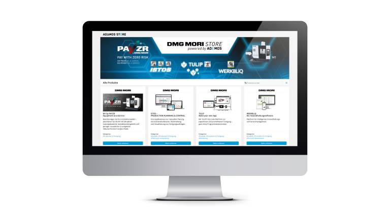 Zum Start finden Nutzer vier Produkte im DMG MORI STORE: Die Fräsmaschine M1 mit dem neuen Geschäftsmodell PAYZR als Equipment-as-a-Service-Angebot sowie ISTOS, TULIP und WERKBLIQ als Software-as-a-Service-Solutions. 