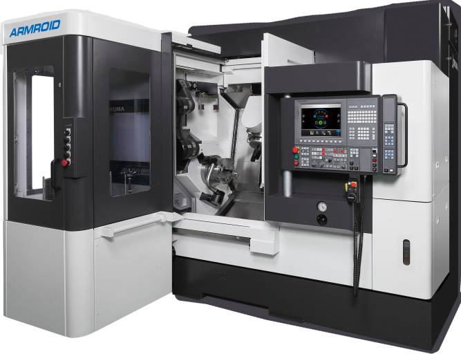 Mit dem ARMROID-System für Dreh- sowie Multitasking-Maschinen hat Okuma einen vollständig in eine CNC-Werkzeugmaschine integrierten Roboterarm entwickelt. 