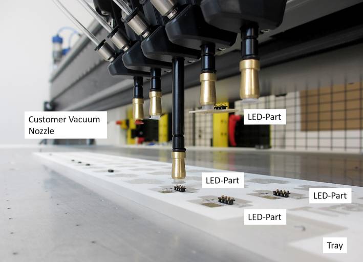 Am LED Mounter sind die in der Y-Achse in Reihe montierten neu entwickelten Pick-and-place-Roboter PPR von THK, die die elektronischen Bauteile mit definierter Kraft aus einem Tray oder Werkstückträger gezielt aufnehmen.