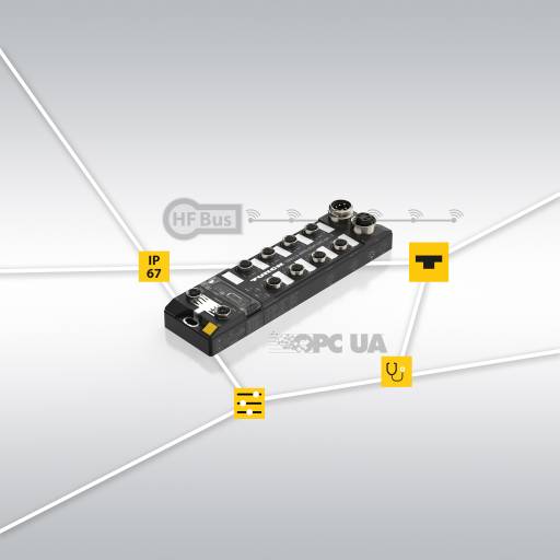 Turcks HF-Busmodus erlaubt den Anschluss von bis zu 32 HF-Schreib-Lesegeräten an jedem der vier RFID-Eingänge des RFID-Interfaces.