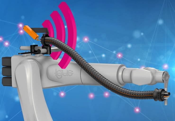 Intelligente Zustandsüberwachung ist dank des neuen i.Sense TR.B Sensors nun auch bei den 3D-Energieketten triflex R von igus möglich. (Bild: igus GmbH)