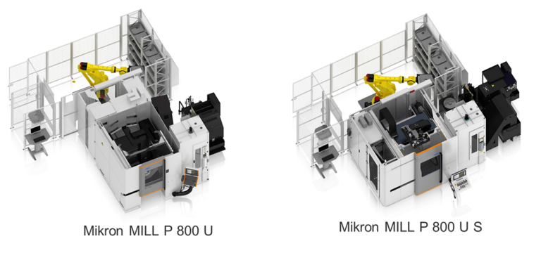 Mit einem geringen Platzbedarf ist die Mikron MILL P 800 U S perfekt für den Einsatz von einer oder mehreren Maschinen derselben Reihe in einer Automationszelle geeignet.