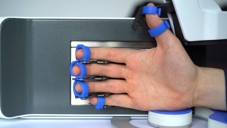 Die AnyHand ist ein Therapieroboter für die Nachbehandlung von Handverletzungen. Der Roboter therapiert die Hand im physiologischen Bewegungsmuster.