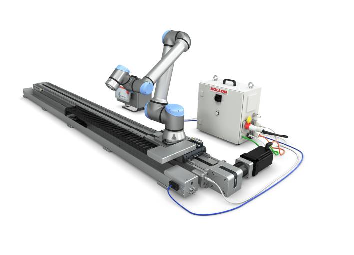 Einfache Plug-and-play-Lösung für UR-Roboter: Die Cobot Transfer Unit (CTU) mit UR+-zertifizierten Linearachsen bringt Cobots in Fahrt. (Bilder: Rollon GmbH)
