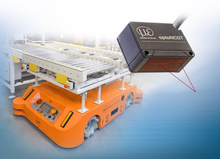 Sensoren der Reihe optoNCDT 1220 unterstützen die kollisionsfreie Positionierung Fahrerloser Transportsysteme (FTS) sowie autonomer mobiler Roboter (AMR) mit Mecanum-Rädern.