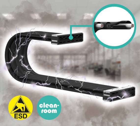 Für die sichere und partikelfreie Produktion von ESD-sensiblen Teilen hat igus eine elektrostatisch ableitfähige Variante der e-skin flat entwickelt – ebenfalls mit austauschbaren Leitungen.
