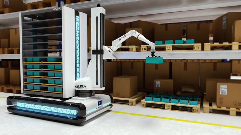LARA (Lightweight Agile Robotic Assistant) montiert auf MAV (Multi-Sensing Autonomous Vehicle) Palettierprodukten. (Bild: Neura Robotics GmbH)