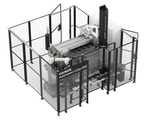 Massive Roboterzelle für den 24/7-Betrieb: Der neue Haimer Automation Cube One kann in 60 Sekunden ein Werkzeug aus- und einschrumpfen, vermessen und die Daten zur Maschine sowie in Datenbanken transferieren.