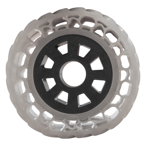 Prototyp eines luftlosen Reifens: Die bionische Struktur im inneren federt Stöße ab und man kann keinen platten Reifen mehr bekommen. Der Reifen selbst ist aus TPU 70 3D-gedruckt und die Felge in PA11CF, einem kohlefaserverstärktem Material. 