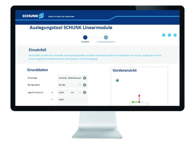 Mit dem Auslegungstool für Linearmodule bietet Schunk Kunden ein professionelles Instrument zur Auswahl des passenden Linearmoduls für ihre applikationsspezifische Anwendung.