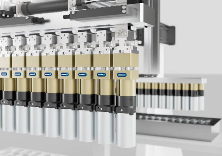 Der neue Rundzellengreifer RCG ermöglicht das prozesssichere Handling von Batteriezellen mit Ø 46 mm. Er kann flexibel zu Mehrfachgreifeinheiten kombiniert werden.  