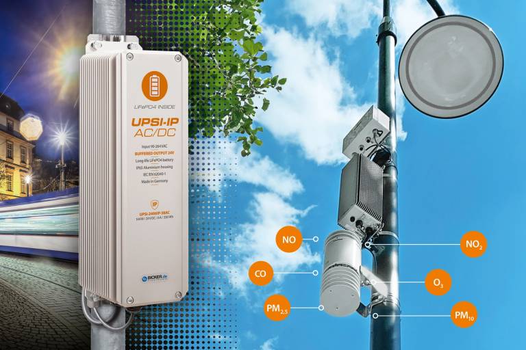 Die maßgeschneiderte AC/DC-USV-Lösung UPSI-2406IP-38AC von Bicker Elektronik gewährleistet die zuverlässige 24/7-Stromversorgung der Umweltsensorik von Vaisala mit 24VDC. Das Outdoor-USV-System mit besonders langlebiger LiFePO4-Batterietechnologie wird während der Nachtstunden aus dem AC-Netzanschluss der Straßenlaterne gespeist. (Bild: Bicker Elektronik GmbH/Vaisala GmbH/Adobe Stock Tobias Arhelger #99723923)
