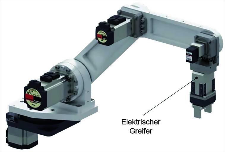 Armroboter mit elektrischem Greifer: Greifer werden in pneumatischer oder elektrischer Form als Endeffektoren für Roboter und andere automatische Maschinen verwendet.