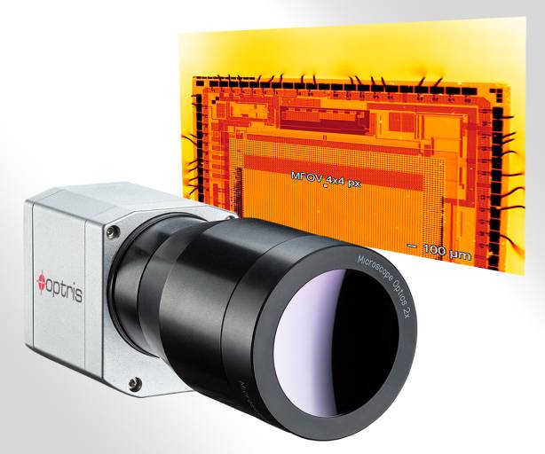 Die neue Mikroskop-Optik MO2X für die Infrarotkamera PI 640i kann Temperaturen bei komplexen Halbleiterbauteilen im Mikrometerbereich messen.