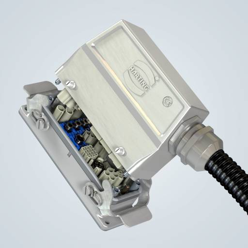 Edelstahlgehäuse Han-Inox in der Standardgröße 24 B – hier ausgestattet mit Han-Modular-Rahmen und Domino-Modulen für die Übertragung von Leistung, Daten, Signalen und Pneumatik.