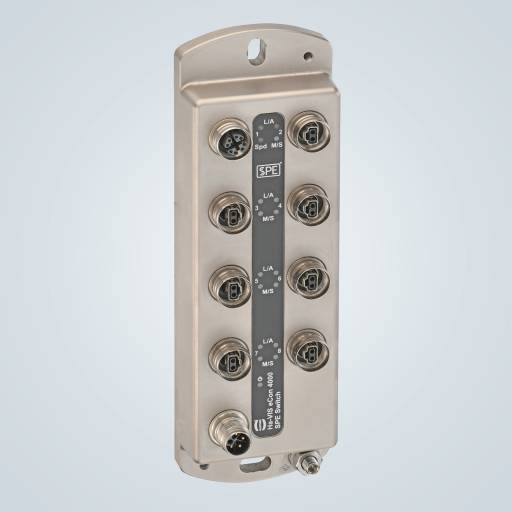 Ha-VIS eCon 4000 SPE Switch mit sieben M12 T1 Ports für die Einbindung von SPE End-Devices in Zonen mit starken Umwelteinflüssen.