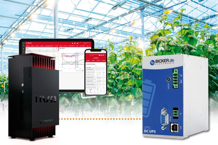 Die DC-USV UPSI-2406DP2 von Bicker Elektronik gewährleistet die unterbrechungsfreie Stromversorgung der intelligenten IIVO-Gewächshaussteuerung von Hoogendoorn mit 24VDC. Die Notstromversorgung mit Supercap-Pufferung gewährleistet bei Stromausfall das sichere Herunterfahren und den autonomen Reboot des IIVO Industrie-PCs. (Bild: Bicker Elektronik/Hoogendoorn Growth Management/Adobe Stock 279photo#110204824)