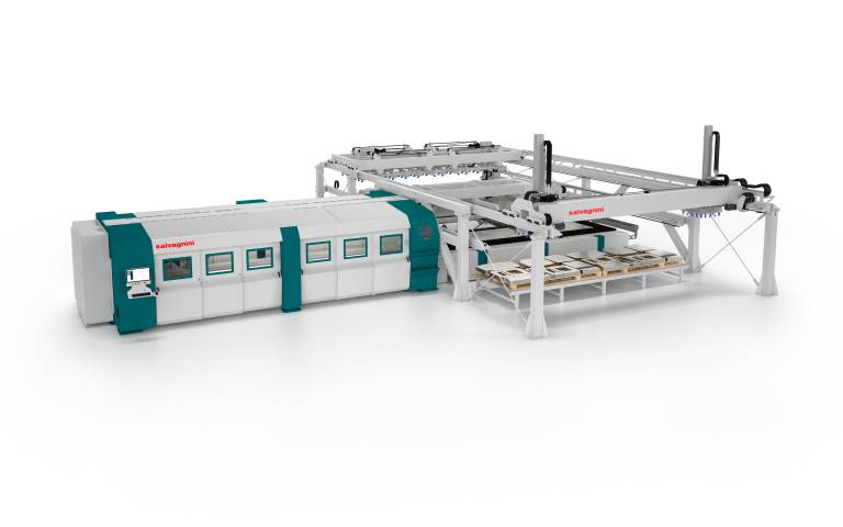 Automationen für den L3-Laser in 6-Meter-Konfiguration: Für die Bearbeitung von Blechformaten von bis zu sechs Metern Länge bietet Salvagnini die Entladevorrichtung ADLU sowie die Sortiervorrichtung MCU in Größe 6020.