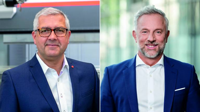 Alex Waser (links) tritt auf eigenen Wunsch als CEO von Bystronic zurück. Sein Nachfolger Domenico Iacovelli wird die Funktion des CEO per 1. Juli 2024 übernehmen.